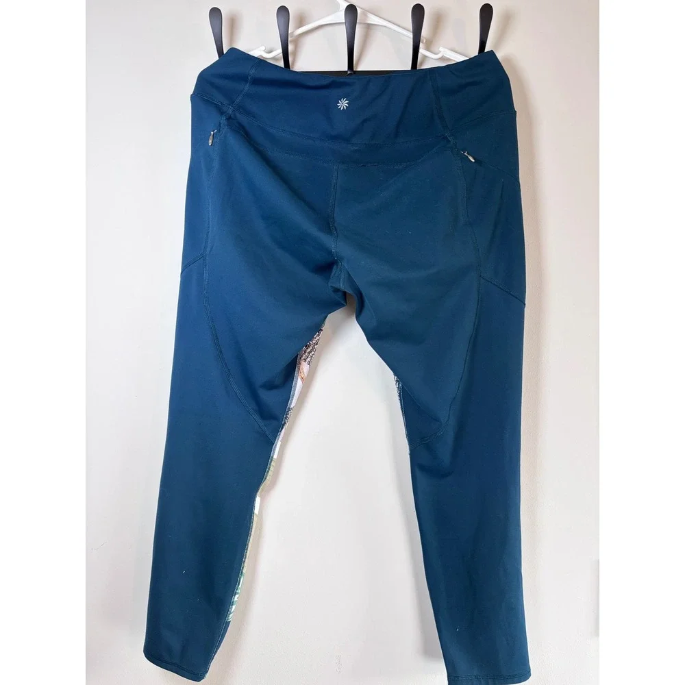 Athleta Womens Tropical Floral Print Leggings Teal Blue Pockets Size L Large